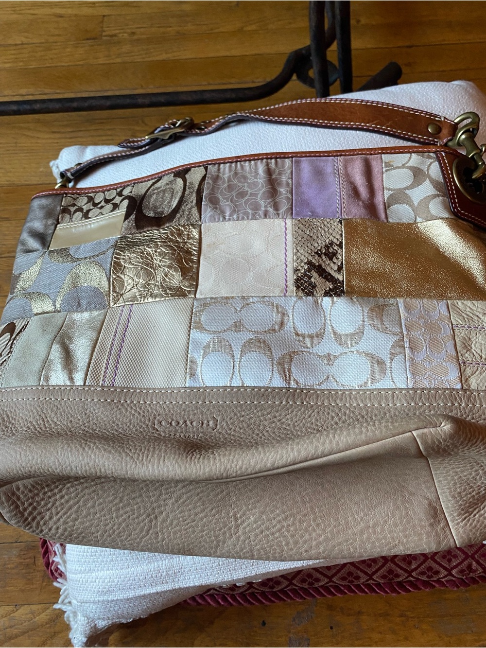 Coach Beige and Metallic Patchwork Shoulder Bag